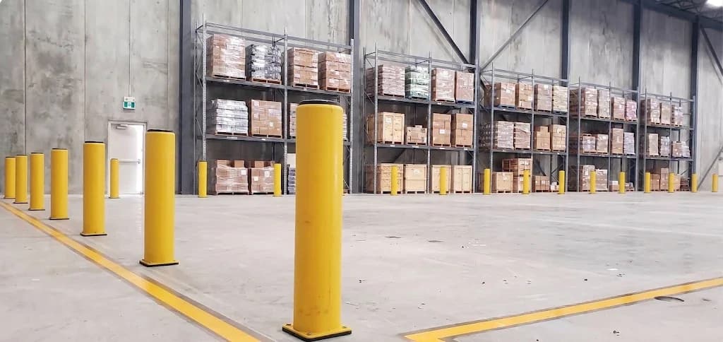 Yellow bollards anchored to a warehouse floor in front of rack rows and along a walkway line