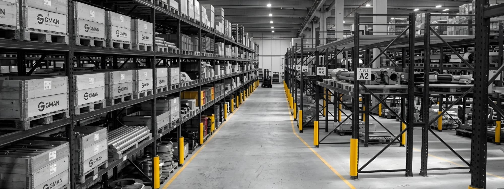 Yellow RK Series rack protection system fitted to rack uprights along a warehouse aisle
