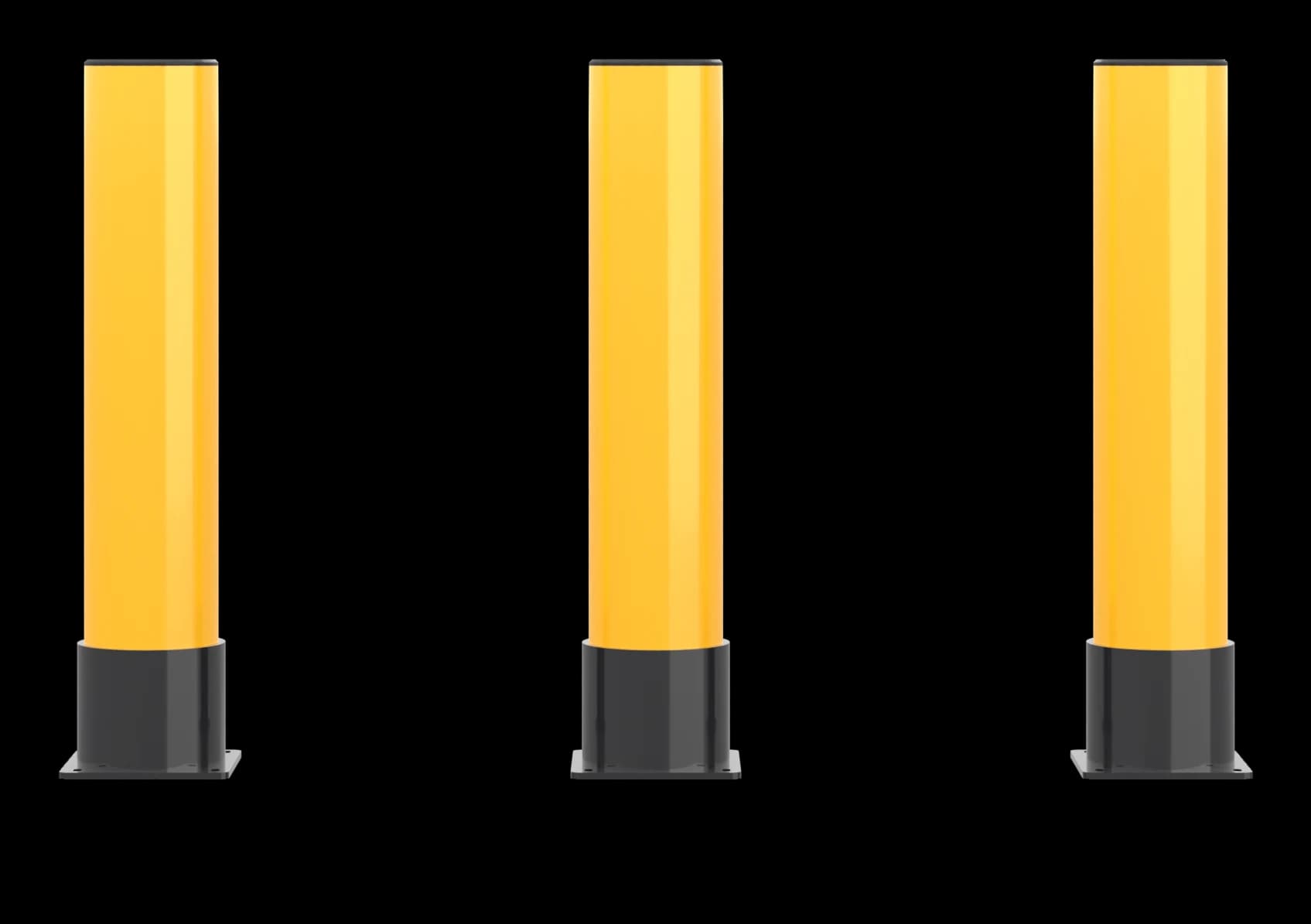 Row of floor-mounted yellow bollards